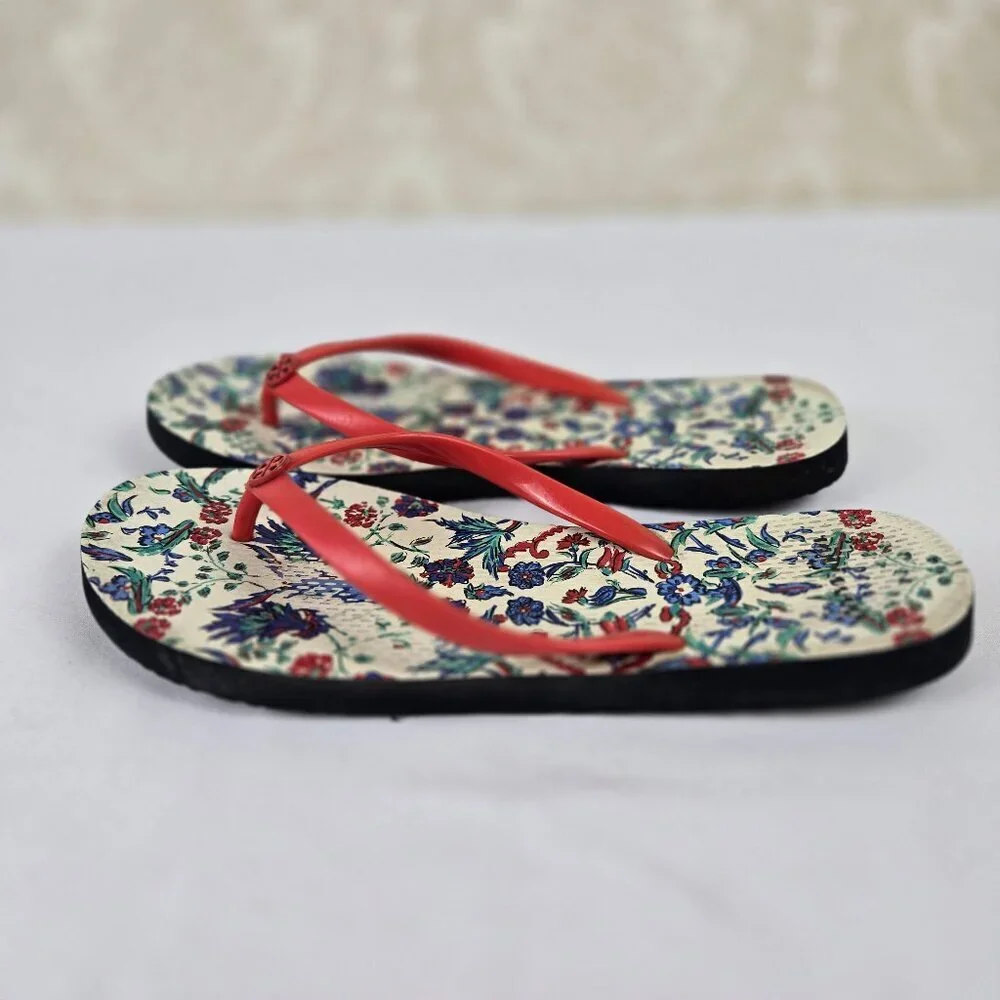 Tory Burch Size 8.5 Red Thong Flip Flop Sandals Floral Footbed Rubber